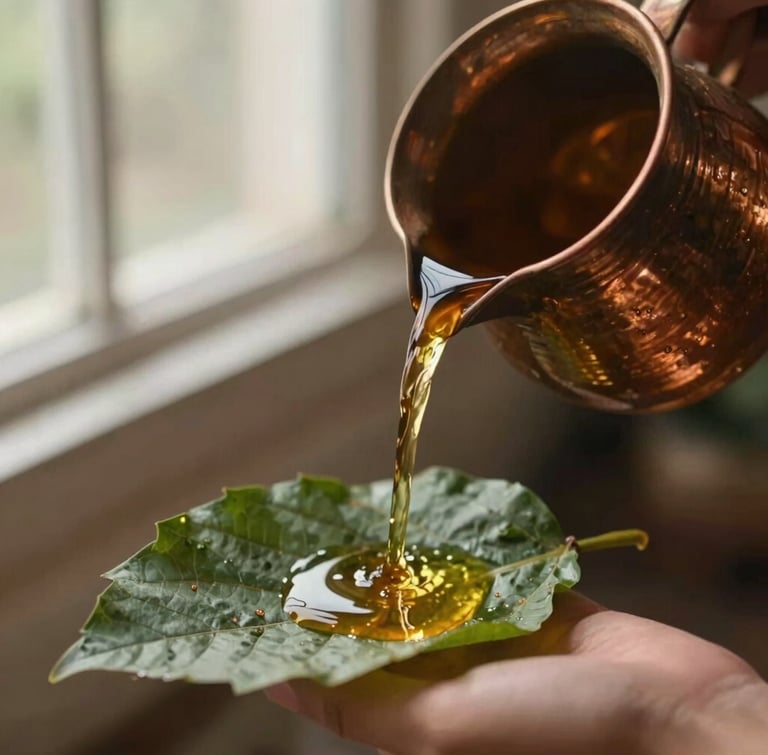 A high-angle close-up of warm herbal oil pouring from a traditional copper vessel onto a leaf, soft window light, shallow depth of field, 35mm.