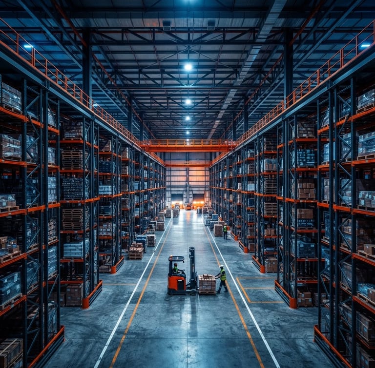 A high-contrast wide-angle perspective of a massive, clean warehouse interior in Karachi, featuring towering steel pallet racks under industrial blue and safety-orange lights.