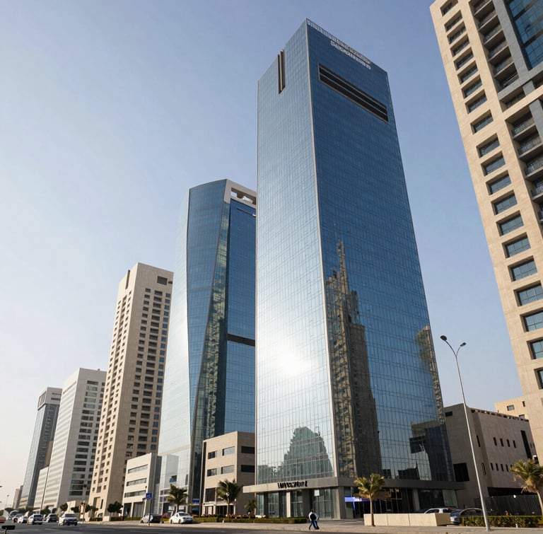 Wide-angle architectural view of Al Mouj Muscat business district under bright Arabian daylight, modern glass facades, clean negative space on the left, high-end editorial framing.