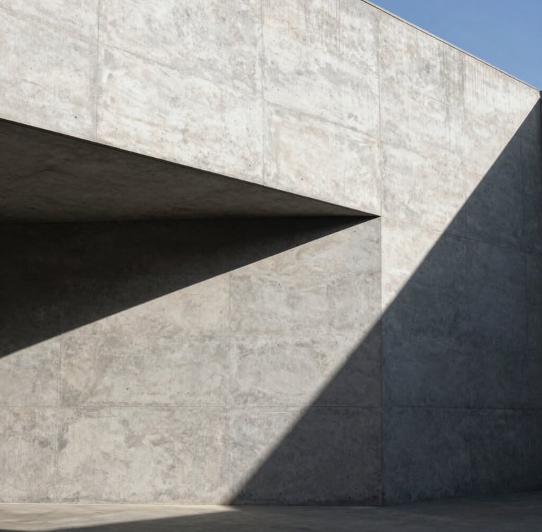 A minimalist concrete facade with sharp geometric shadows under direct sunlight, extreme wide-angle architectural perspective