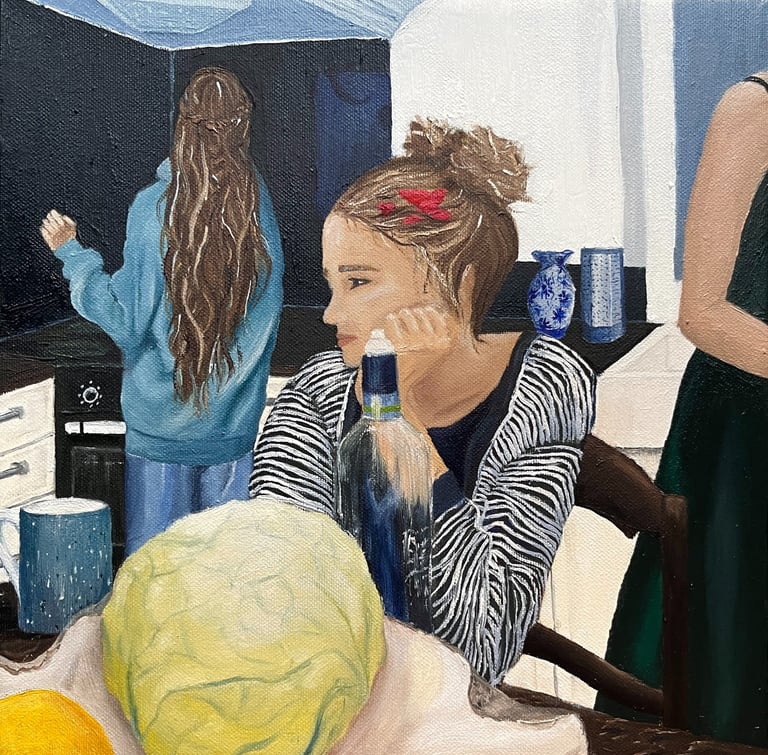 artwork of a woman sitting at a table 