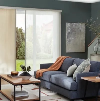 Custom sliding glass door shades in modern living room – Rise Up Window Coverings Milwaukee