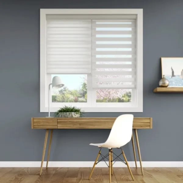 modern home office with zebra shades and wood desk – Rise Up Window Coverings Milwaukee