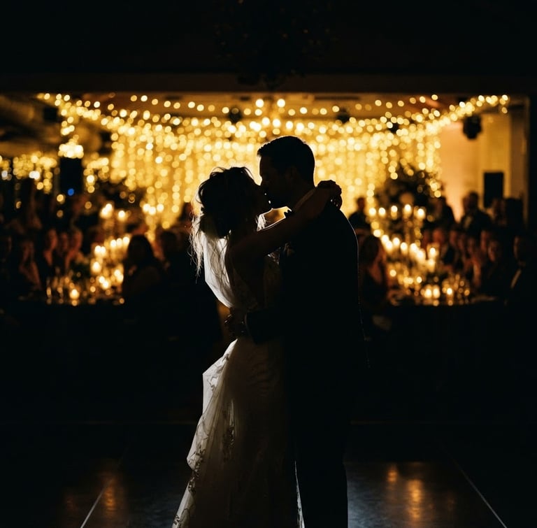 Dramatic low-key cinematic wedding portrait, a couple silhouetted against warm golden reception lights, shallow depth of field, rich obsidian shadows, editorial 35mm composition.