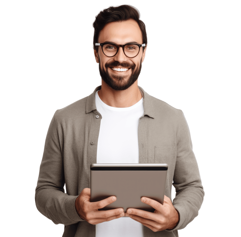 um homem de óculos e um tablet, contabilidade