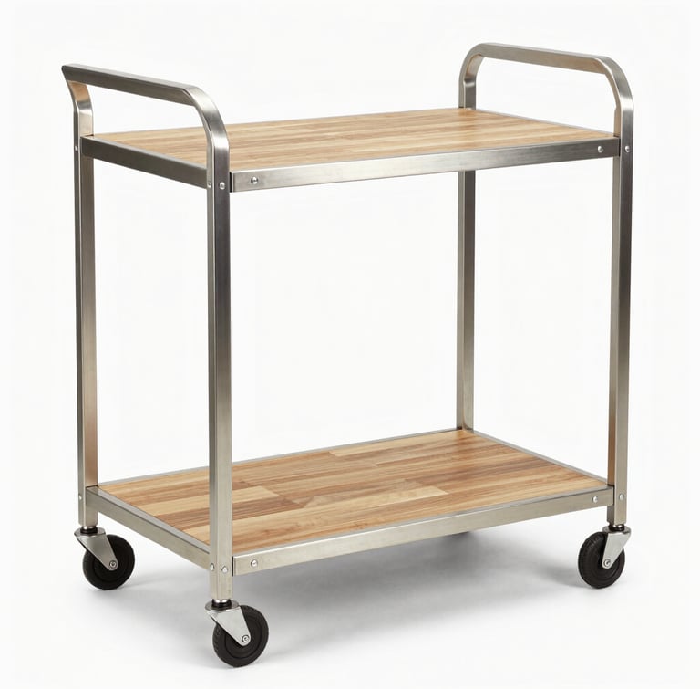 Straight-on studio shot of a premium custom metal and wood service cart, brushed steel frame, oak shelving, clean white background, sharp focus
