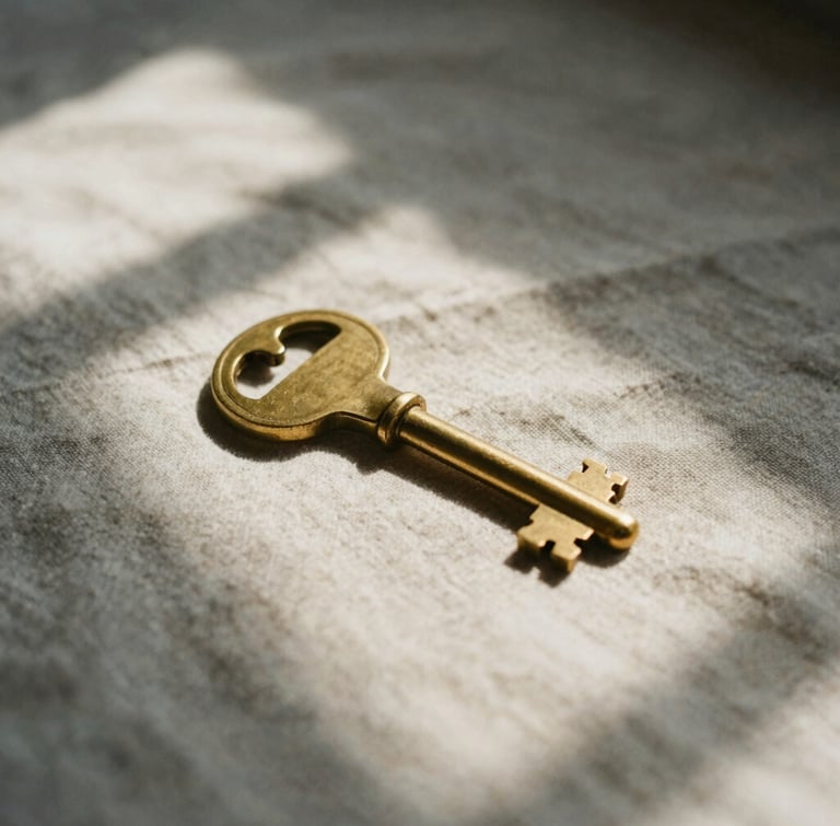 A close-up macro shot of a brass room key resting on a textured linen bedsheet, soft window shadows, warm natural light, 35mm film aesthetic.