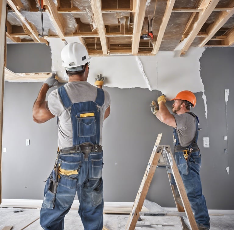Two men in overalls repairing a ceiling.