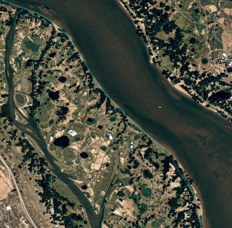 Top-down satellite orthomosaic of a river delta with sharp hyper-cyan vector grid lines overlaying the topography, natural atmospheric light, high-contrast shadow play, extreme nadir perspective.