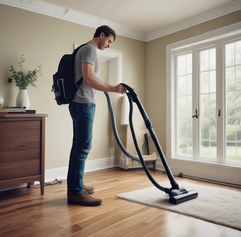 A person wearing protective clothing, a face mask, and gloves is cleaning a white cushioned furniture piece using a vacuum cleaner. The setting appears to be indoors with bright natural light streaming in through large windows. A green potted plant is placed next to a white sofa, adding a touch of nature to the clean and tidy environment.