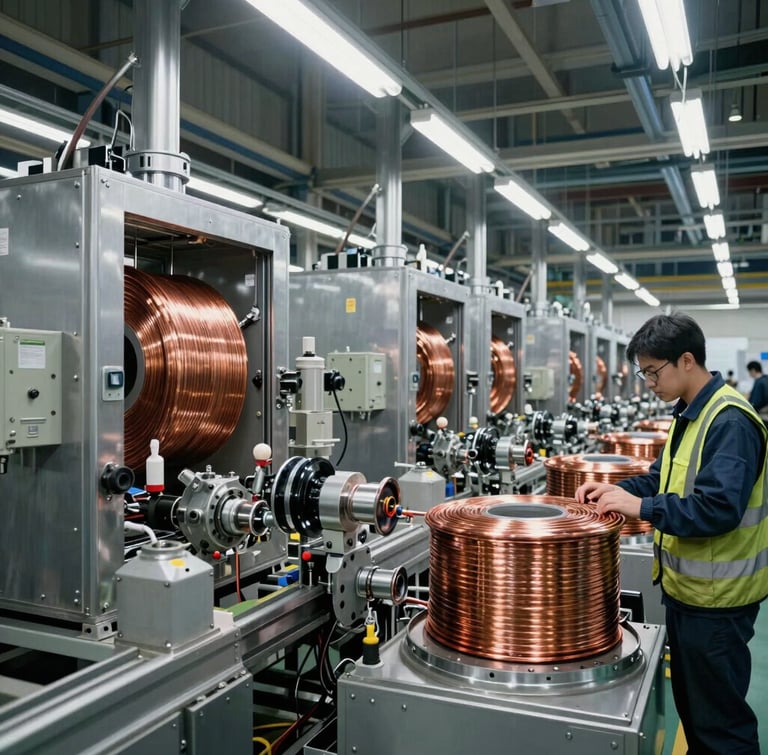 Wide-angle industrial shot of a clean high-voltage equipment assembly line, steel enclosures, overhead factory lighting, professional engineers in safety gear inspecting copper coils.