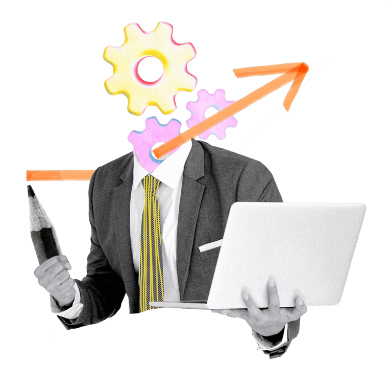 Geschäftsmann der einen Laptop hat, einen großen Stift und als Kopf ein Zahnrad