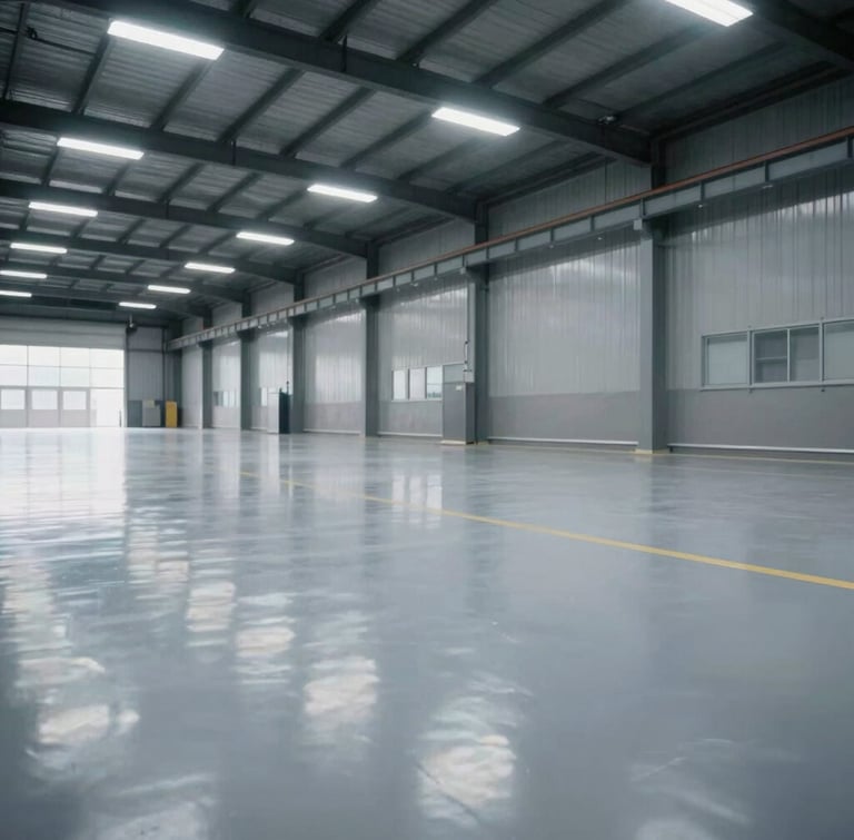 Low-angle wide shot of a modern industrial warehouse with high-gloss gray epoxy flooring reflecting overhead LED lights, clean and dust-free environment.