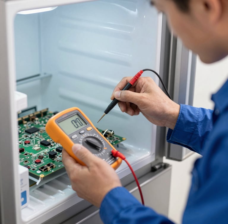 Close-up macro shot of a certified technician in a clean blue uniform using a digital multimeter to test a circuit board inside a premium refrigerator, bright natural light, sharp focus.