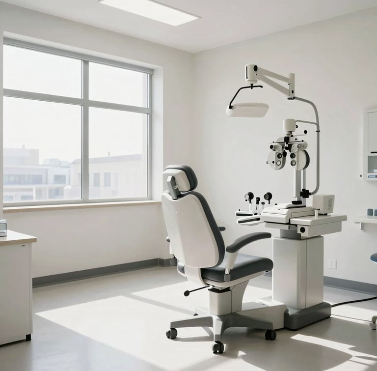 Wide panoramic bright modern optometry clinic, a clean white examination chair and modern phoropter to the right third, natural light from a window, expansive negative space on the left.