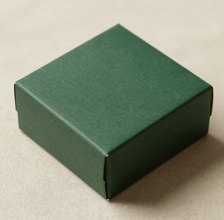 A minimalist, close-up shot of a sleek, unbranded dark green box resting on a warm cream linen surface, soft natural side-lighting, clean shadows.