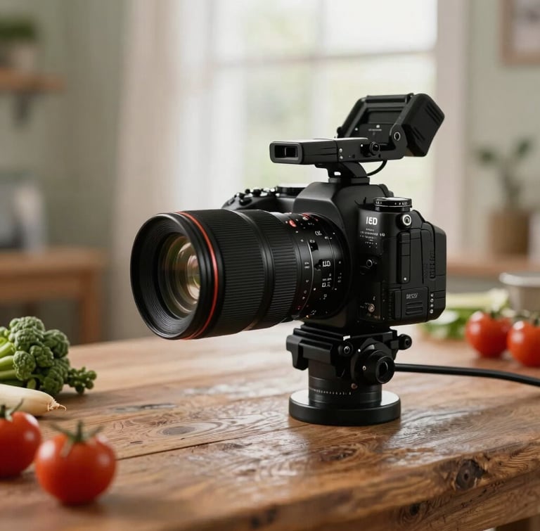 Behind-the-scenes shot of a professional camera setup over a rustic wooden table with fresh ingredients, soft window light