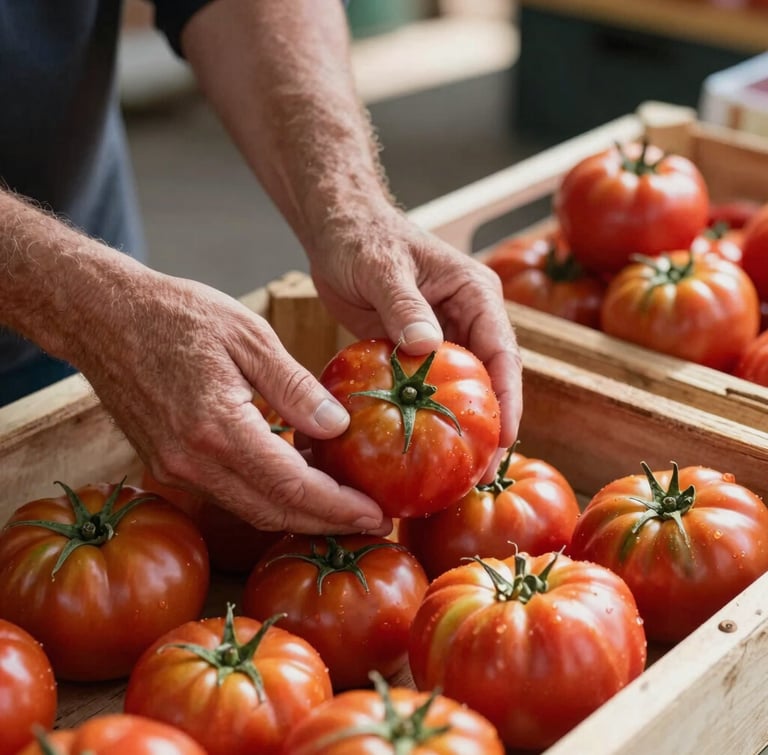 A close-up of a vendor's hands arranging fresh heirloom tomatoes on a wooden crate at a sunlit indoor market stall, natural light, rich textures.