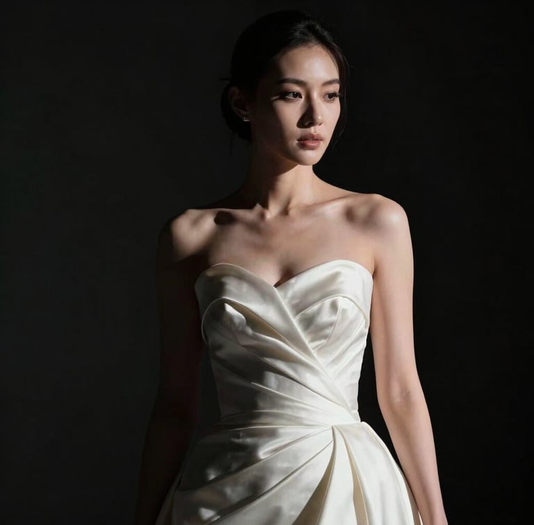 High-contrast cinematic portrait of a bride in a structured silk gown, dramatic chiaroscuro lighting, deep shadows, absolute black background.