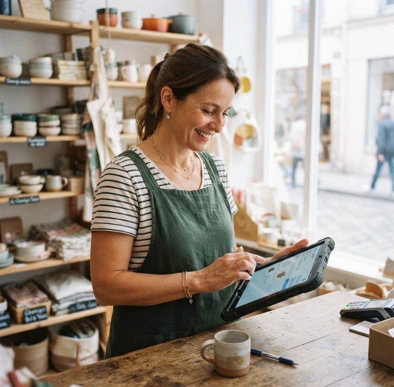 Une commerçante souriante dans sa boutique lumineuse, gérant ses commandes sur une tablette en bois, lumière naturelle du jour, style photographique authentique.