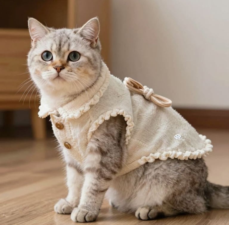 Gato gris con un chaleco tejido color crema, botones y un moño