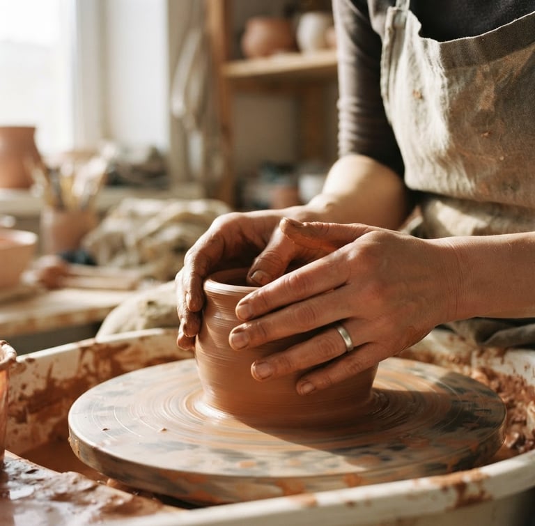 A close-up of hands gently shaping soft, warm terracotta clay under diffused morning window light, casting long soft shadows.