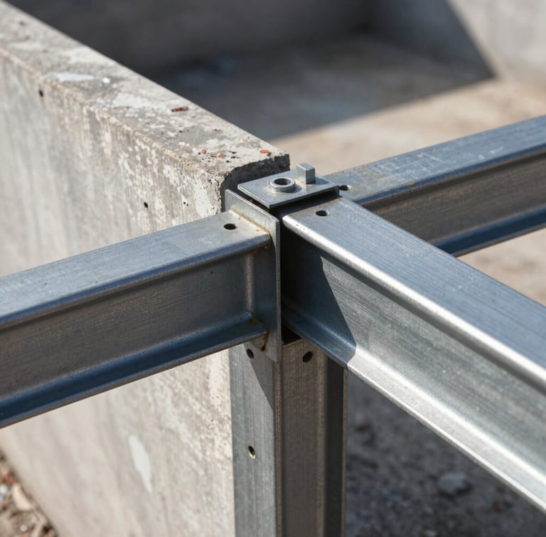 Primer plano de una unión de viga de acero estructural y muro de hormigón visto, luz solar lateral rasante resaltando las texturas y la precisión del ensamble.