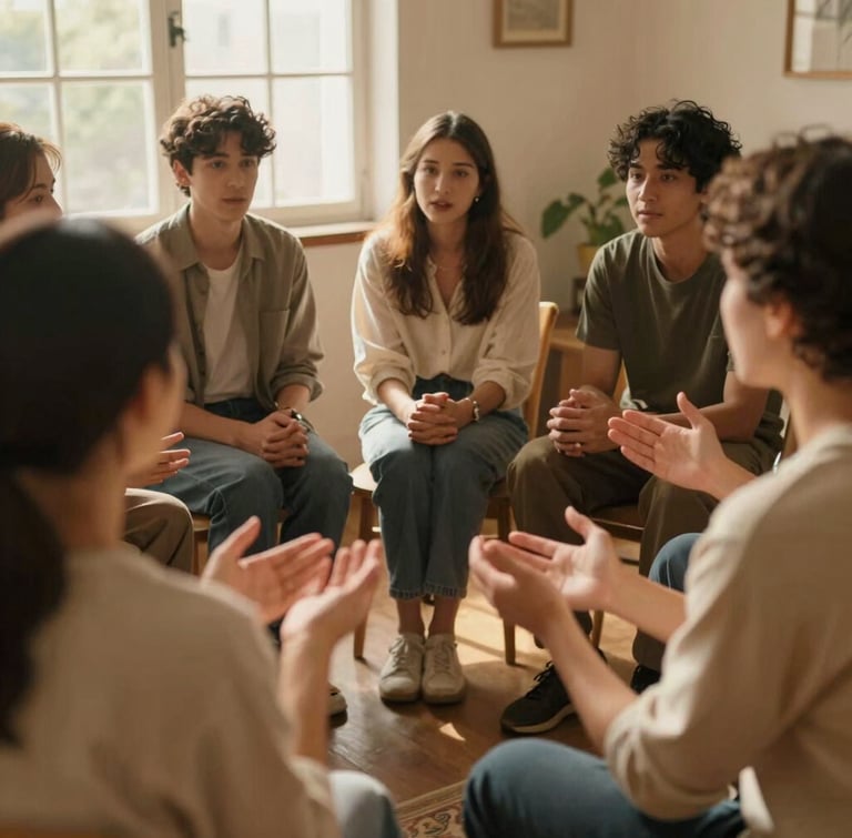 Over-the-shoulder perspective of a group of people sitting in a circle in a warm room, expressive hands in conversation, soft golden hour lighting, 35mm