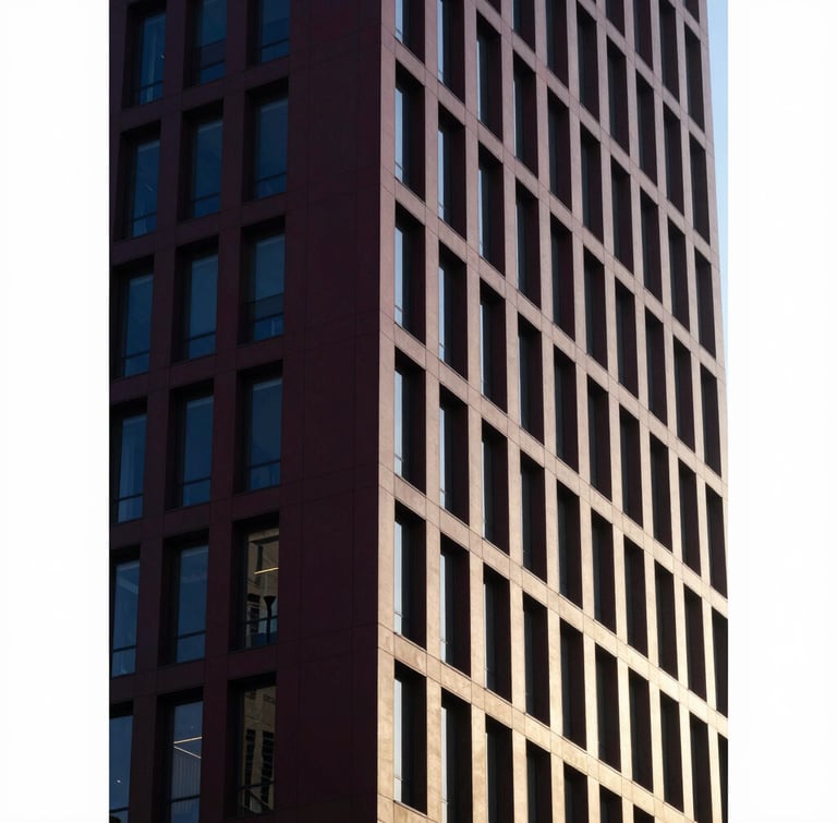 Architectural detail of a modern high-rise facade with high-contrast shadows and clean structural geometry, morning light.