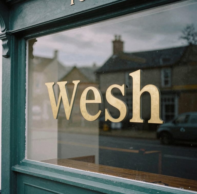 Close-up of a rustic Welsh storefront window with gold lettering, soft natural overcast daylight casting moody reflections, 35mm film style.