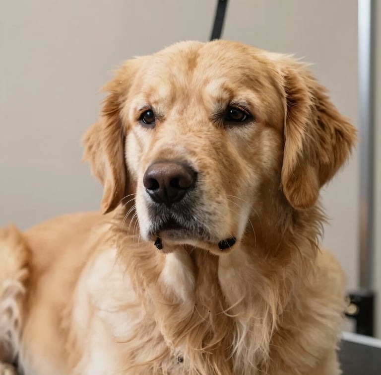Close-up portrait of a calm golden retriever looking relaxed during a groom, soft natural side lighting, neutral clean background.