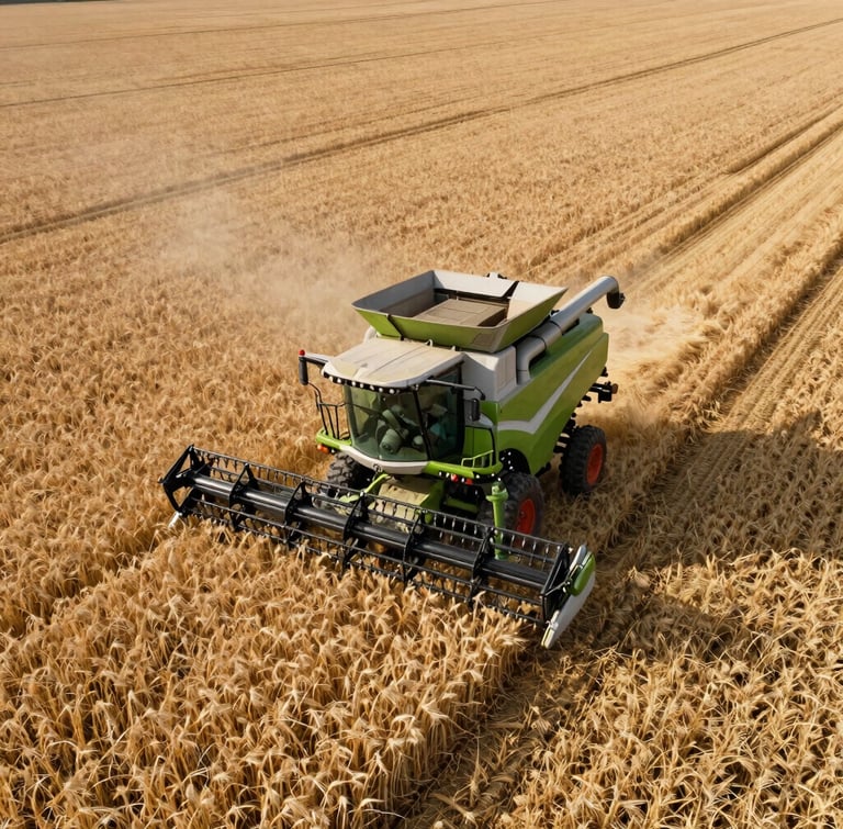 Wide-angle aerial drone view of a massive modern GPS-guided green combine harvester cutting clean lines through a golden wheat field under overcast morning light.