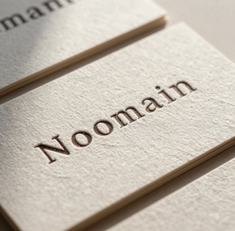 Close-up macro photo of embossed linen business cards with dark coffee ink, soft morning light casting gentle shadows across the textured paper.