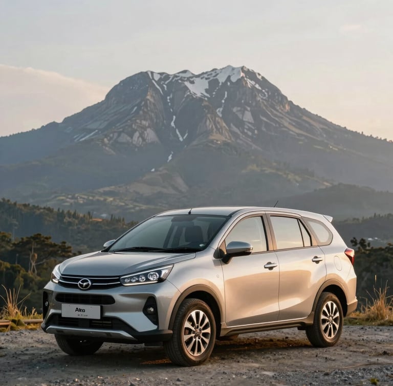 Medium-wide portrait shot of a new Perodua Ativa parked on a gravel overlook, Mount Kinabalu towering in the warm morning light.