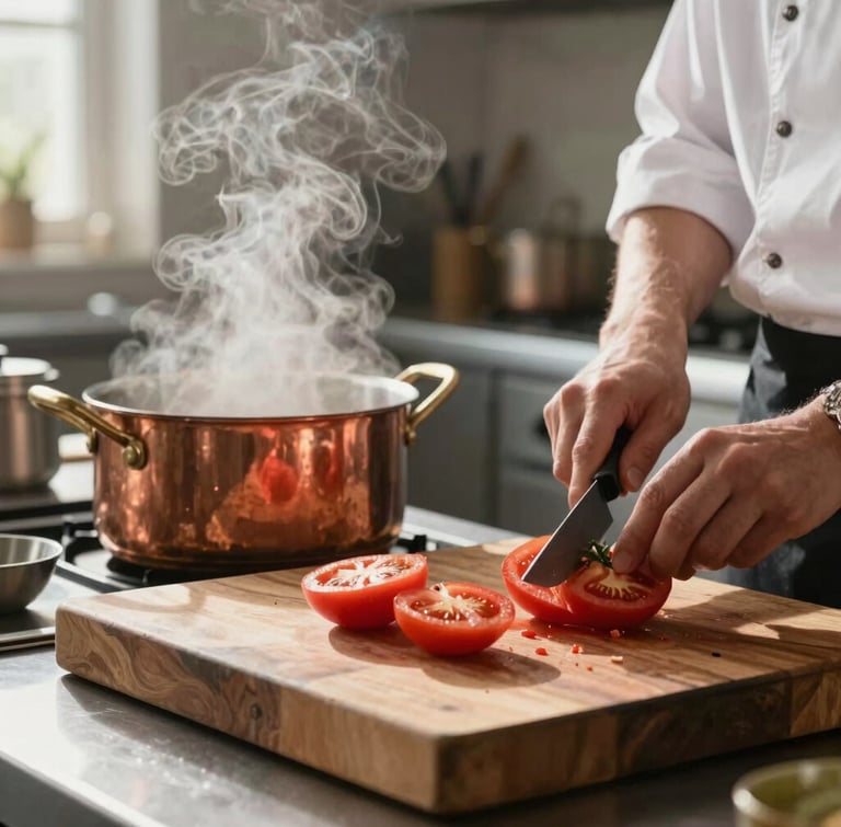 An atmospheric kitchen scene at morning prep, steam rising from a copper pot, a chef slicing heirloom tomatoes on a thick wooden block, soft morning light.