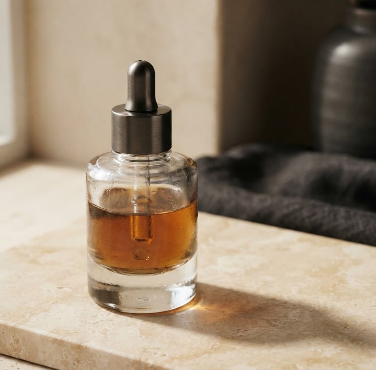 Extreme close-up of Alabastrum's signature serum bottle in heavy glass, casting a soft shadow on warm alabaster, off-center to the left, soft directional window light, luxury editorial photography.