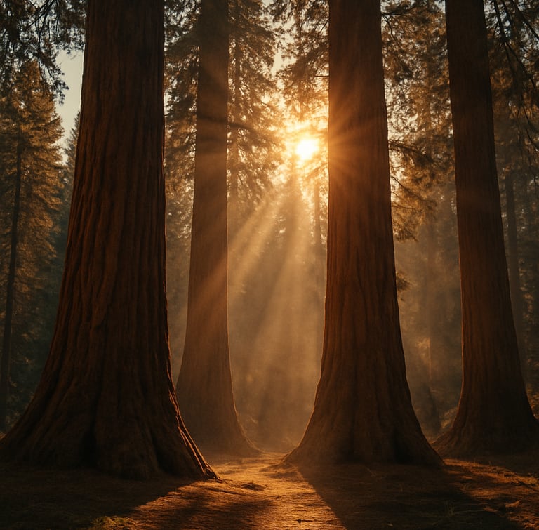 Cinematic wide shot of giant sequoia trees in Yosemite National Park, warm sunbeams filtering through the branches, dusty air, majestic natural scale.