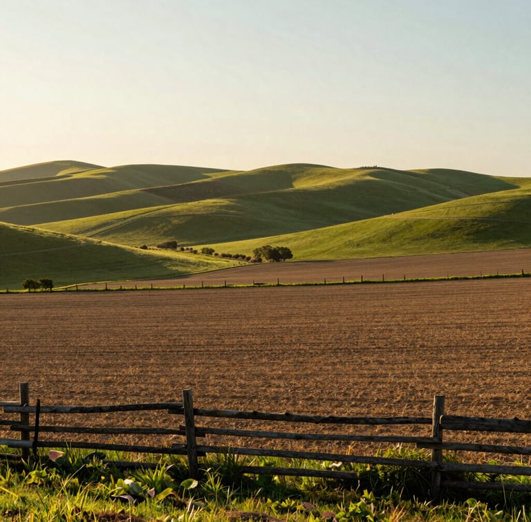 Wide panoramic view of rolling green hills and raw acreage at golden hour, rustic fence line in the foreground, 35mm photography