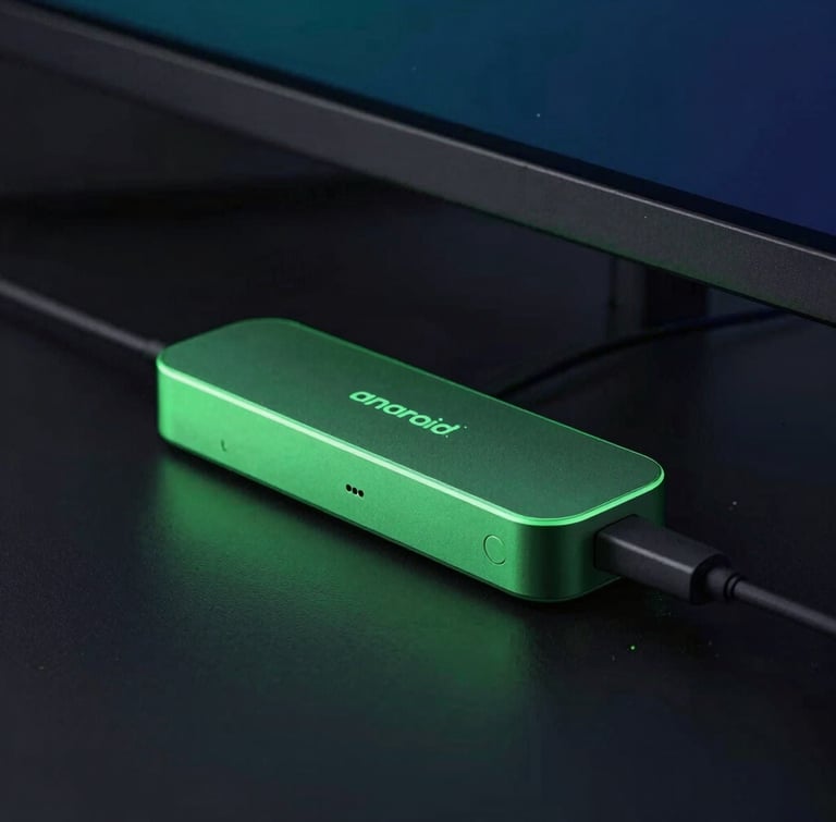 A physical Android TV stick plugged into a sleek monitor, glowing cyber-mint light outlining the hardware, dark ambient background, macro lens.