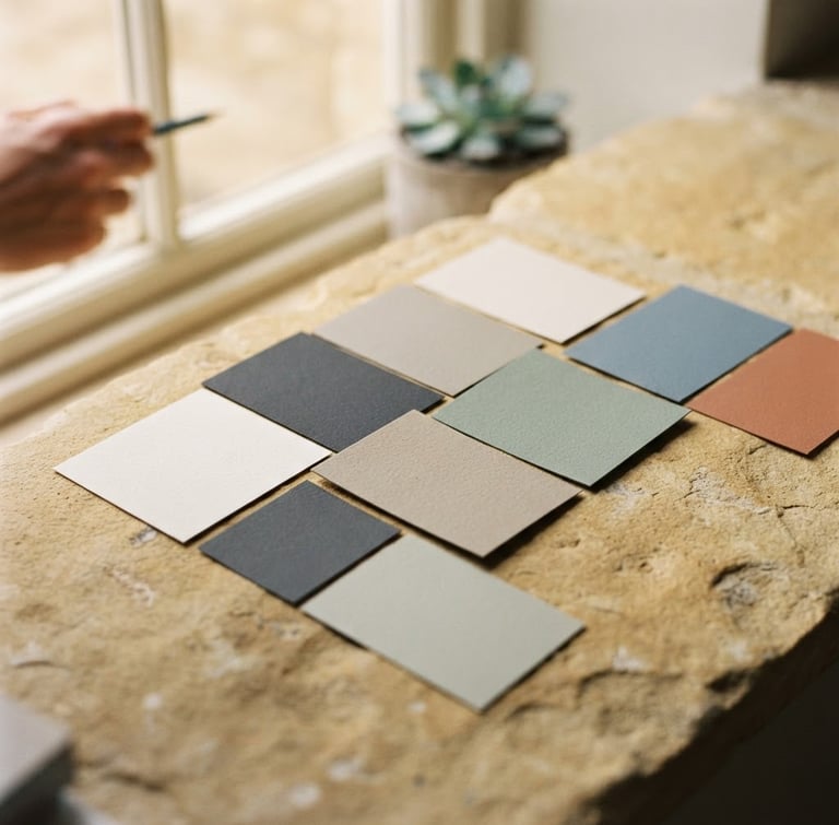 A calm, naturally lit photograph of architectural color swatches laid out on a warm stone surface, soft window light, shallow depth of field, 35mm