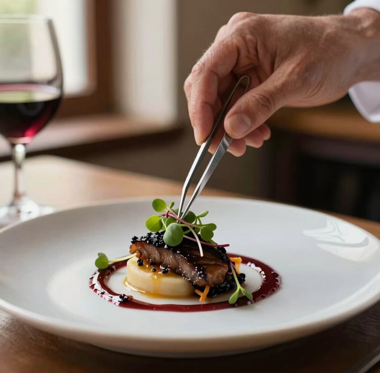 Close-up macro shot of a chef's hands using tweezers to place microgreens on an artfully plated contemporary dish, warm natural window light, rich deep wine and espresso tones, shallow depth of field.