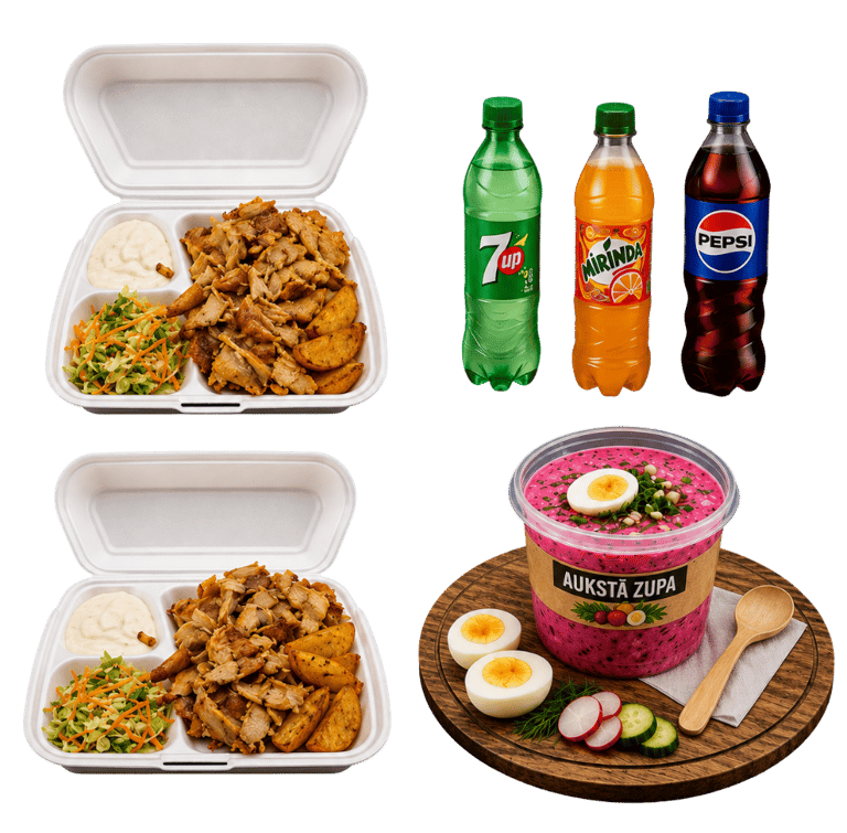 Pusdienu komplekts, kebaba gaļa, kartupeļi ar mērci un salātiem, 7up, mirinda, pepsi, aukstā zupa..