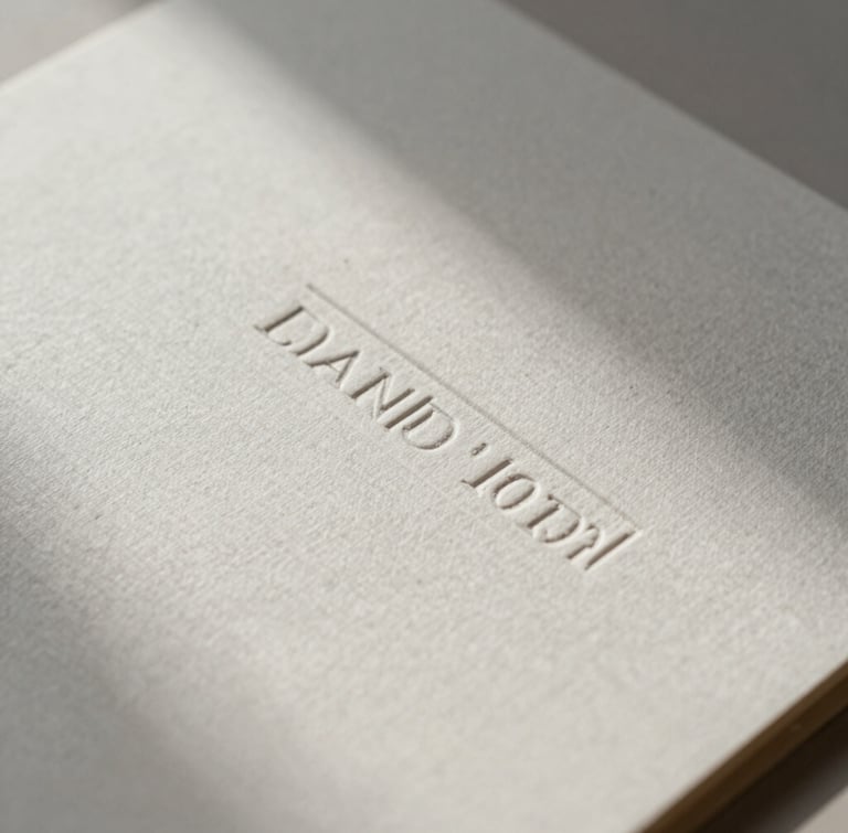 Macro detail of high-end embossed stationery on textured linen paper, soft diffused daylight casting gentle shadows, elegant minimalist composition