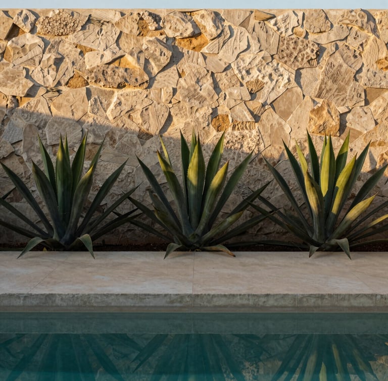 Architectural agave plants and structural vegetation next to a minimalist concrete pool, sharp focus on raw stone textures, warm golden hour light, 35mm