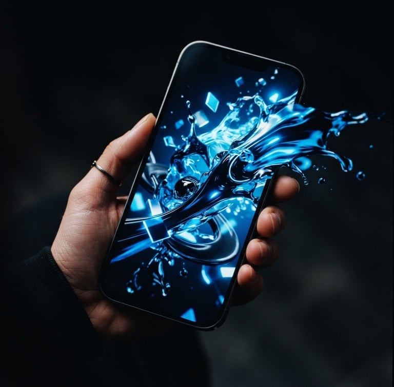 High-contrast close-up of a mobile phone displaying a dynamic, scroll-stopping ad creative, sharp focus, electric blue accents, dramatic studio lighting, bleeding to the right edge.