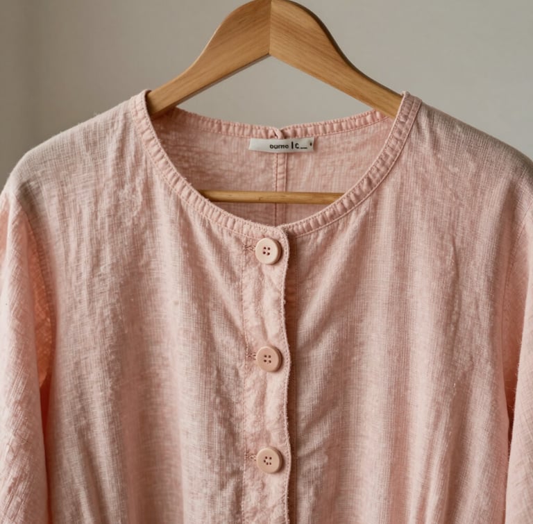 Close-up of a soft blush rose linen dress hanging naturally on a wooden hanger, diffused morning light highlighting the delicate stitching and custom-molded buttons.