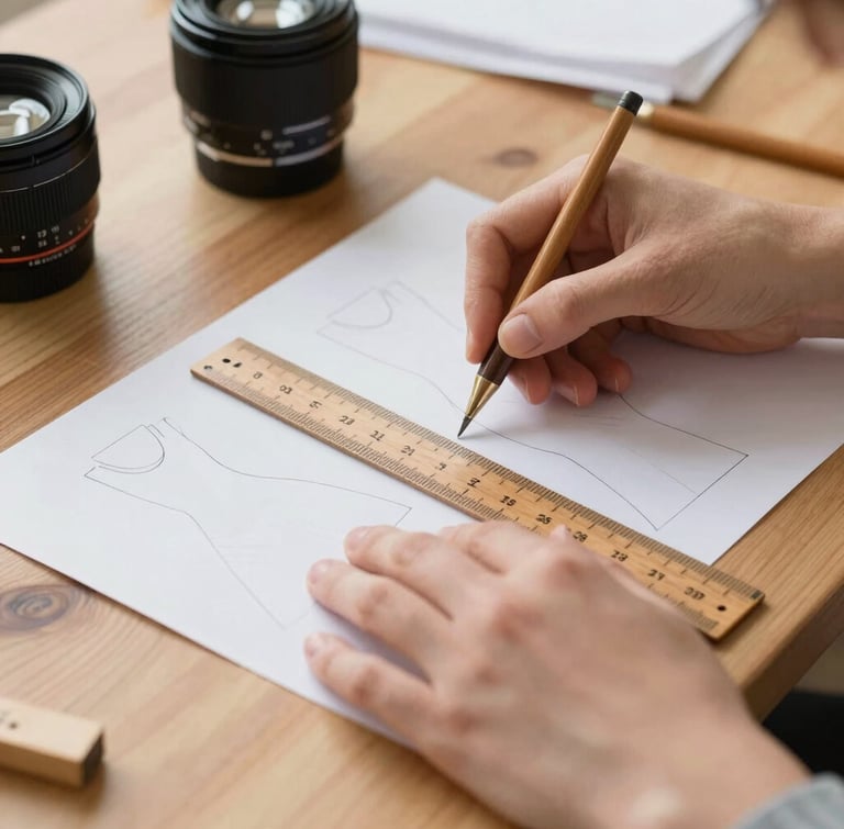 Hands carefully tracing a paper dress pattern with a vintage wooden ruler on a sunlit oak worktable, soft focus