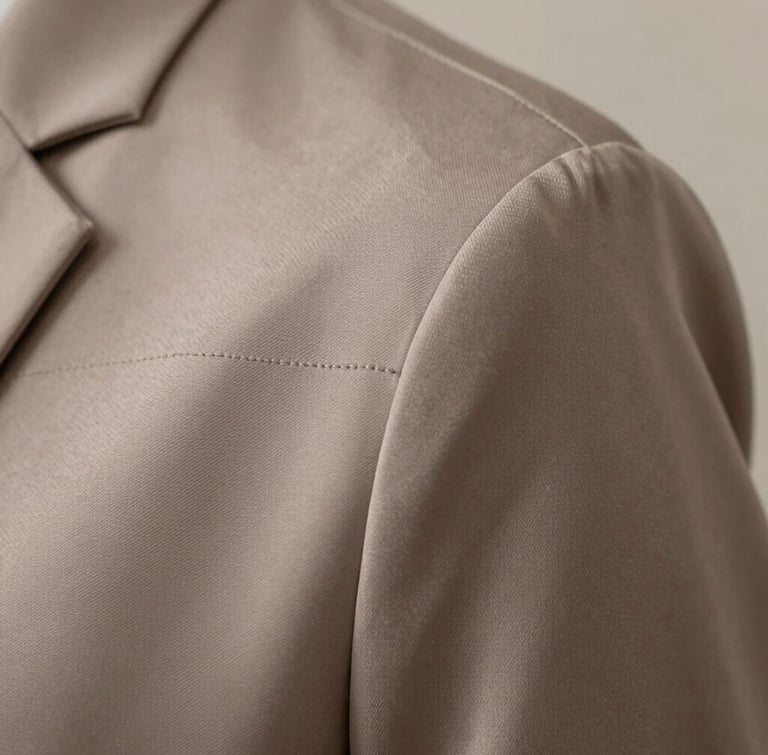 Macro detail shot of a muted taupe silk sleeve seam, showing the precise stitching and luxurious textile texture under soft, indirect daylight.