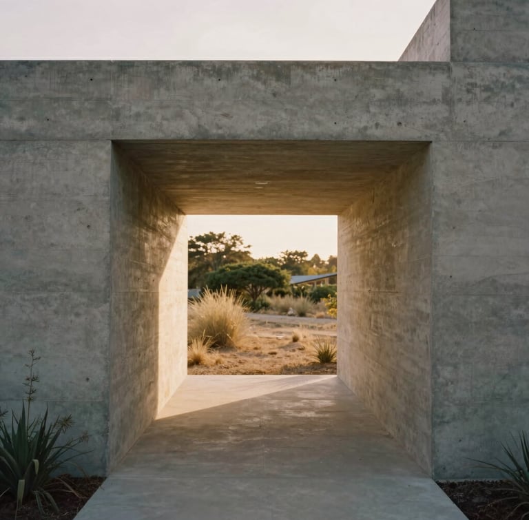 Deep perspective corridor of a modern concrete home opening to a dry landscape garden, low-angle sunlight.