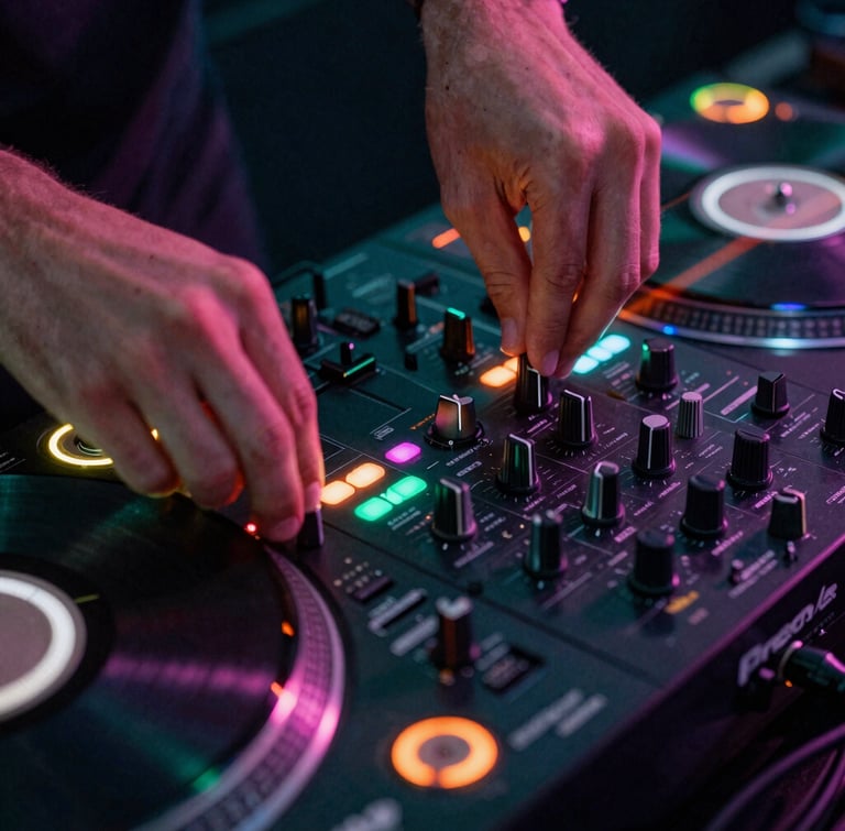 Close-up macro shot of a DJ mixer and vinyl turntables glowing under neon green and hot pink lights, hands adjusting a dial, gritty texture, wide-angle lens